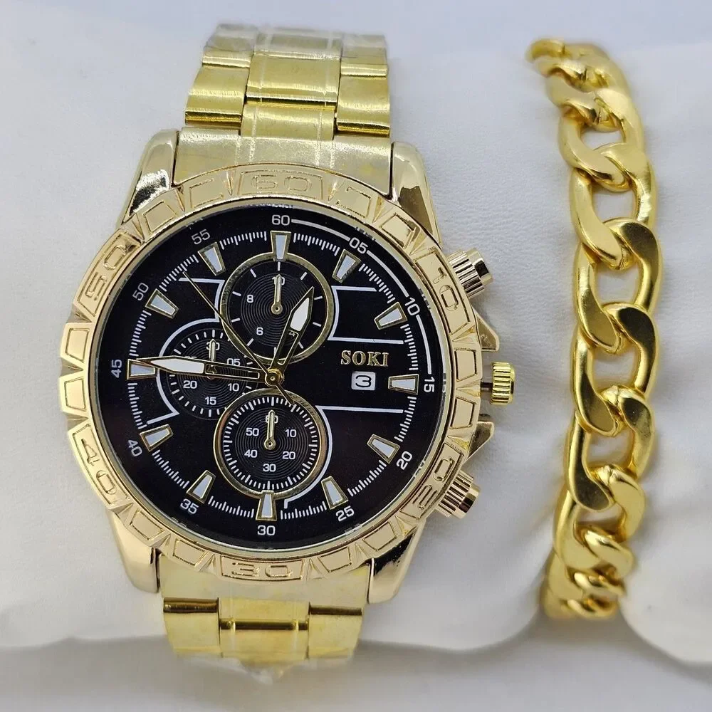 Men's Watch Bracelet‎ Set 43MM Black Dial Date Gold Bracelet Band 8
